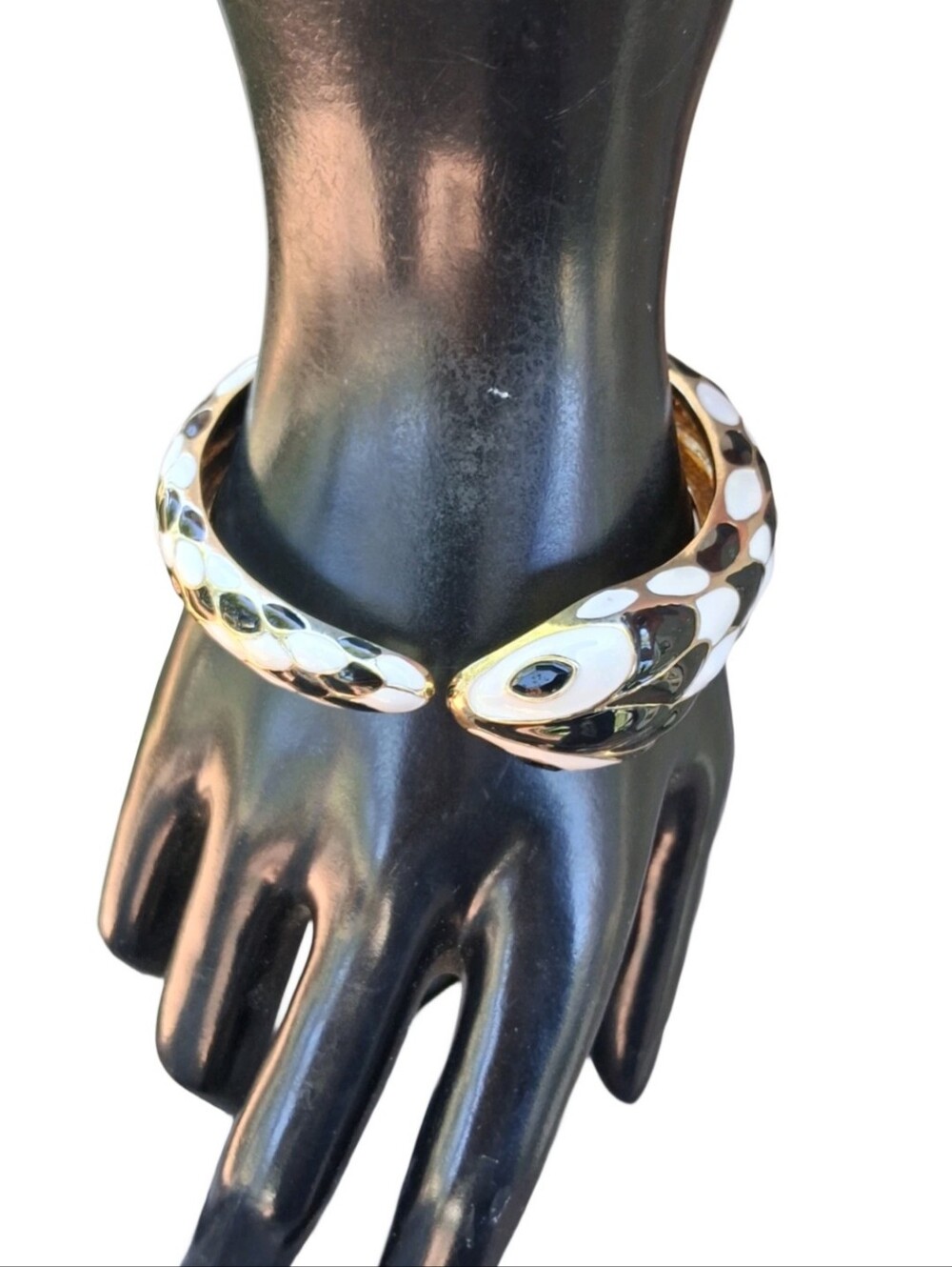 Vintage Enamel Snake Clamper Bangle Bracelet Black White Gold Tone Bypass